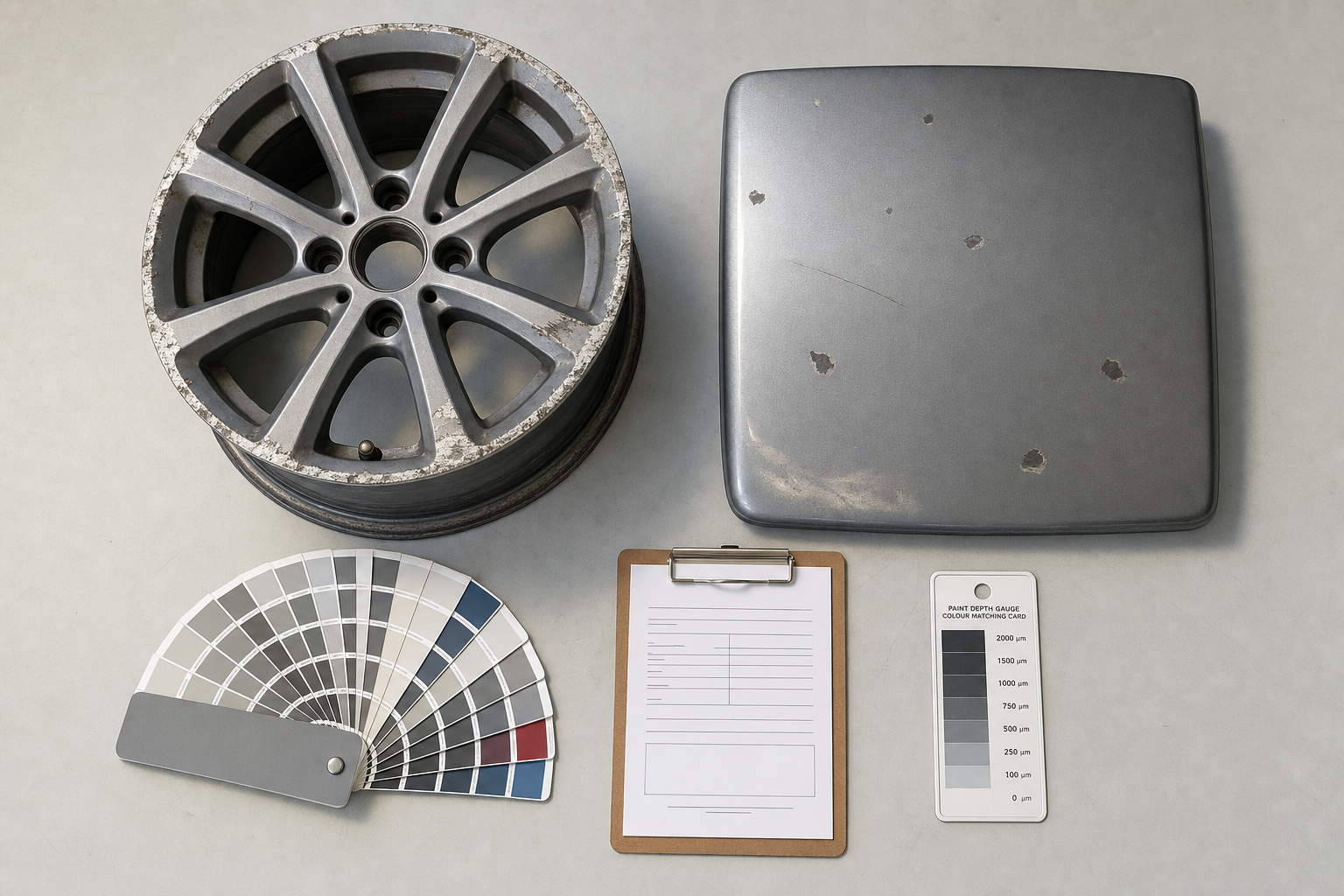 A worn wheel rim and paint samples are arranged with a clipboard and paint depth gauge on a grey surface.