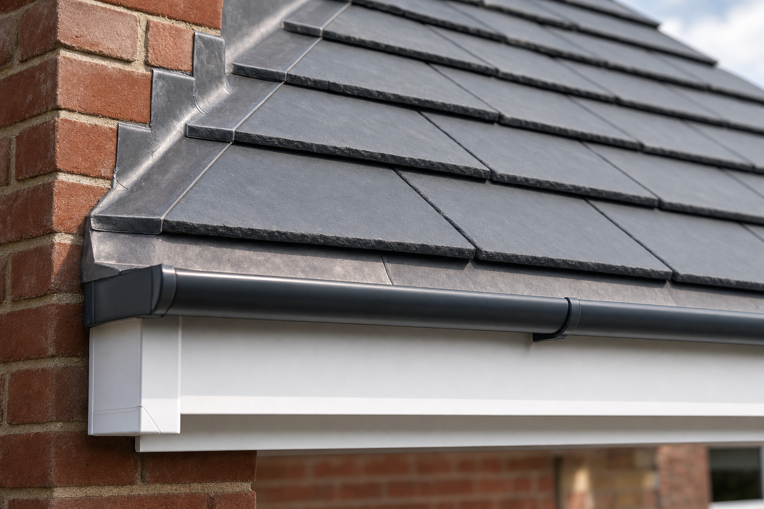 A close-up of a modern slate roof with neat guttering and a brick wall.