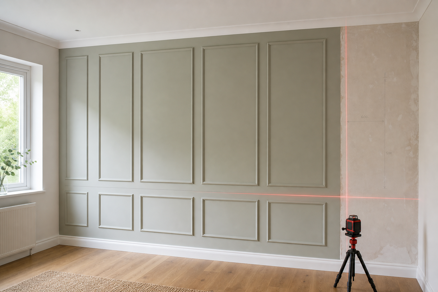 A green panelled wall in a room with a laser level projecting red lines, alongside a window with a potted plant.