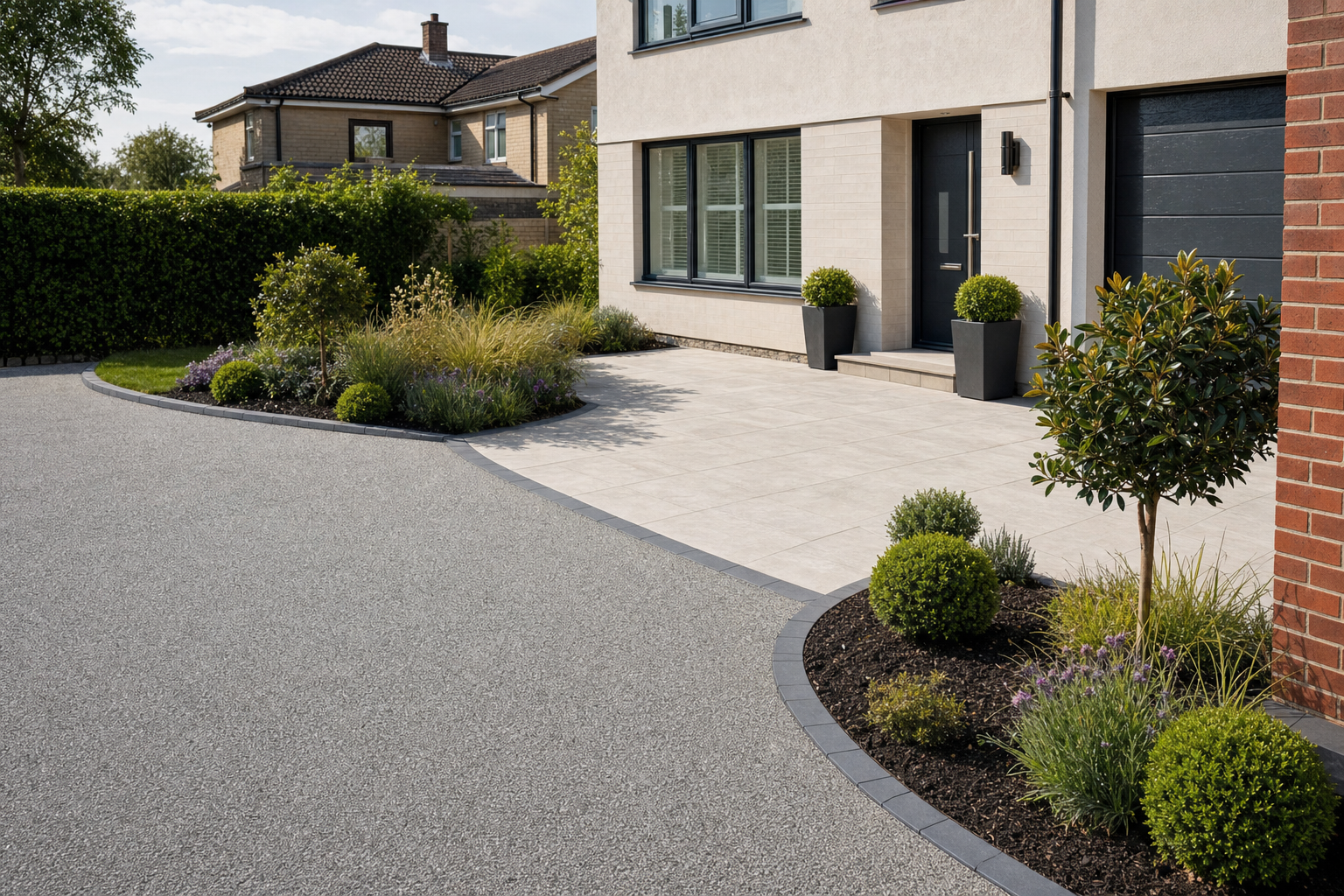 Modern house exterior with a landscaped front garden, featuring neatly trimmed bushes and a paved walkway.