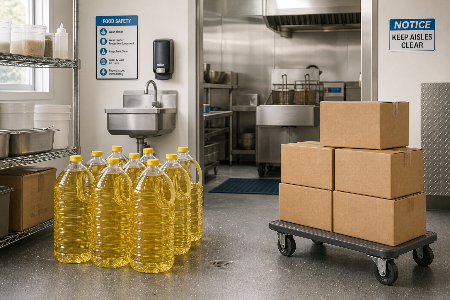 A commercial kitchen with cooking oil bottles, a cart with boxes, and food safety signs.