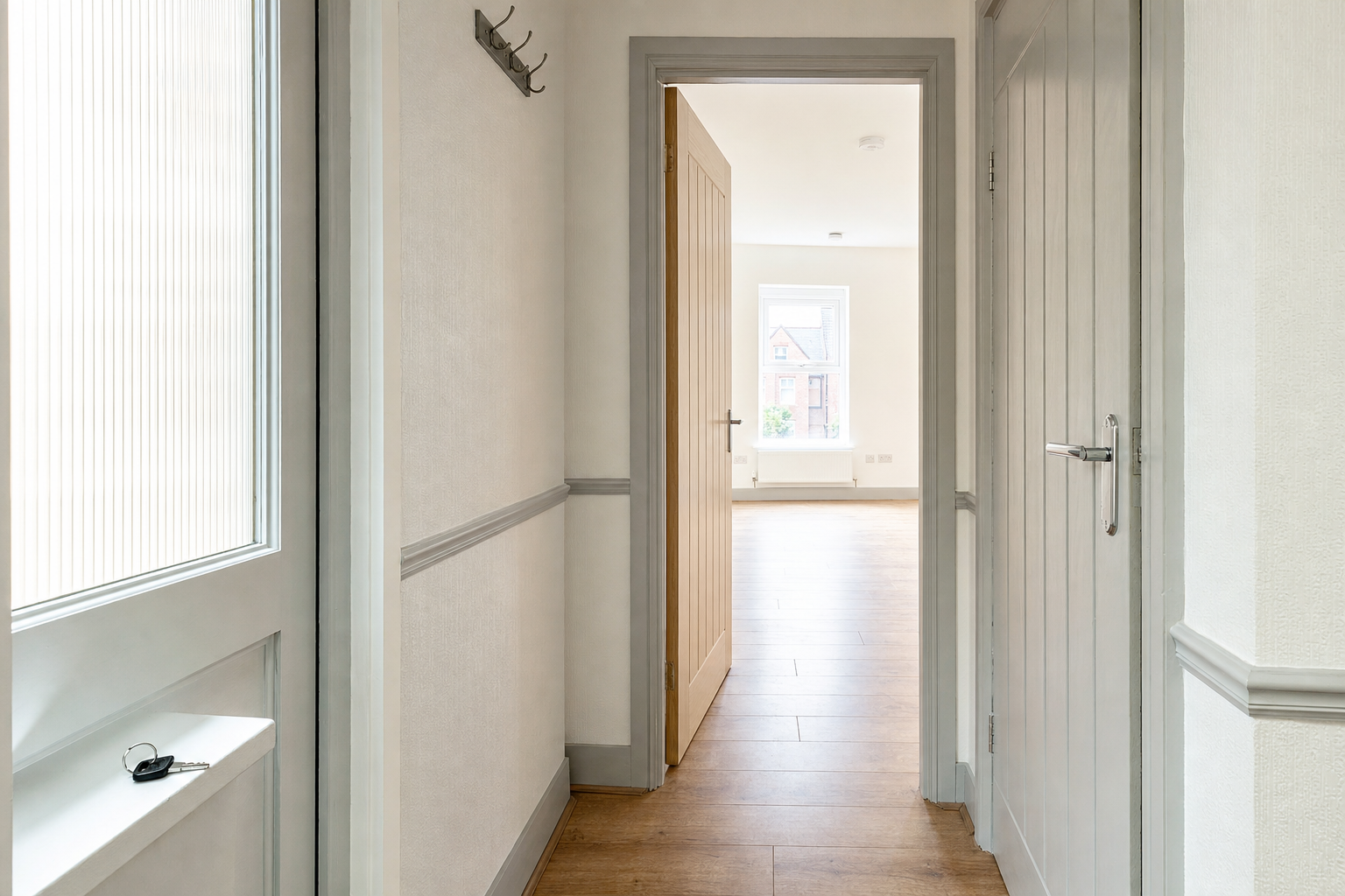 Bright hallway with wooden flooring leading to an open door revealing a sunlit room with a window and external view.