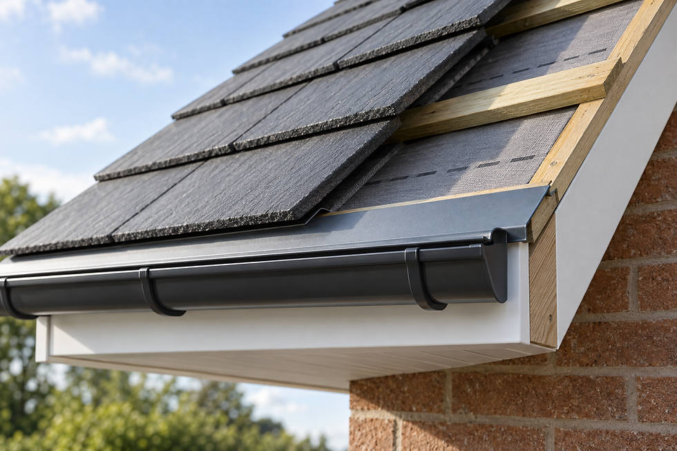 A close-up of a tiled roof corner with a grey gutter system on a sunny day.