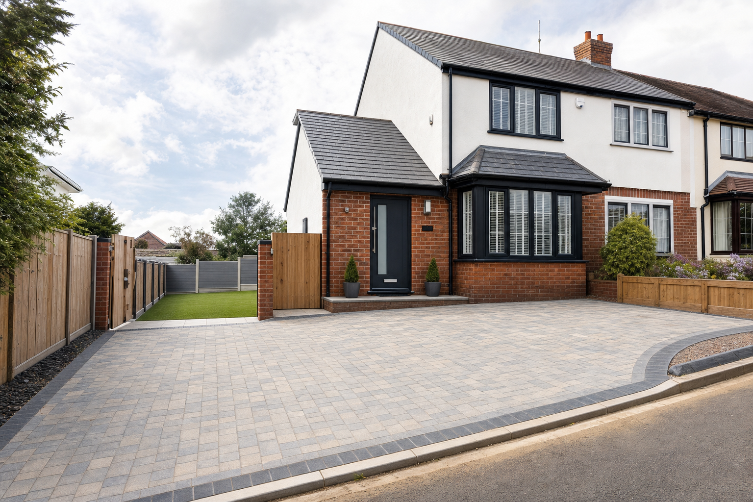 A semi-detached house with a brick facade, tiled roof, and a neatly paved driveway in a suburban setting.