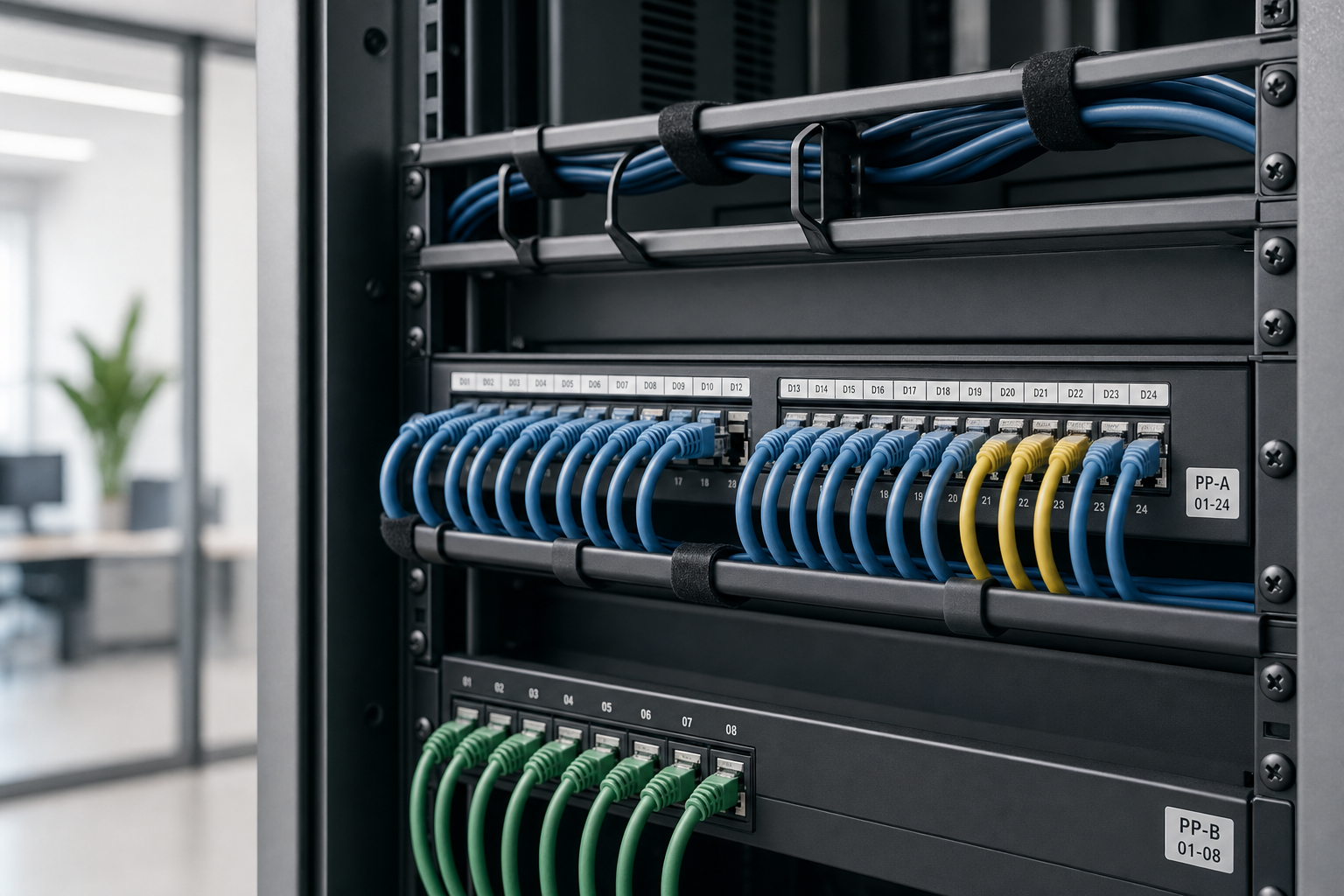 A server rack with neatly organised blue, yellow, and green network cables in an office setting.