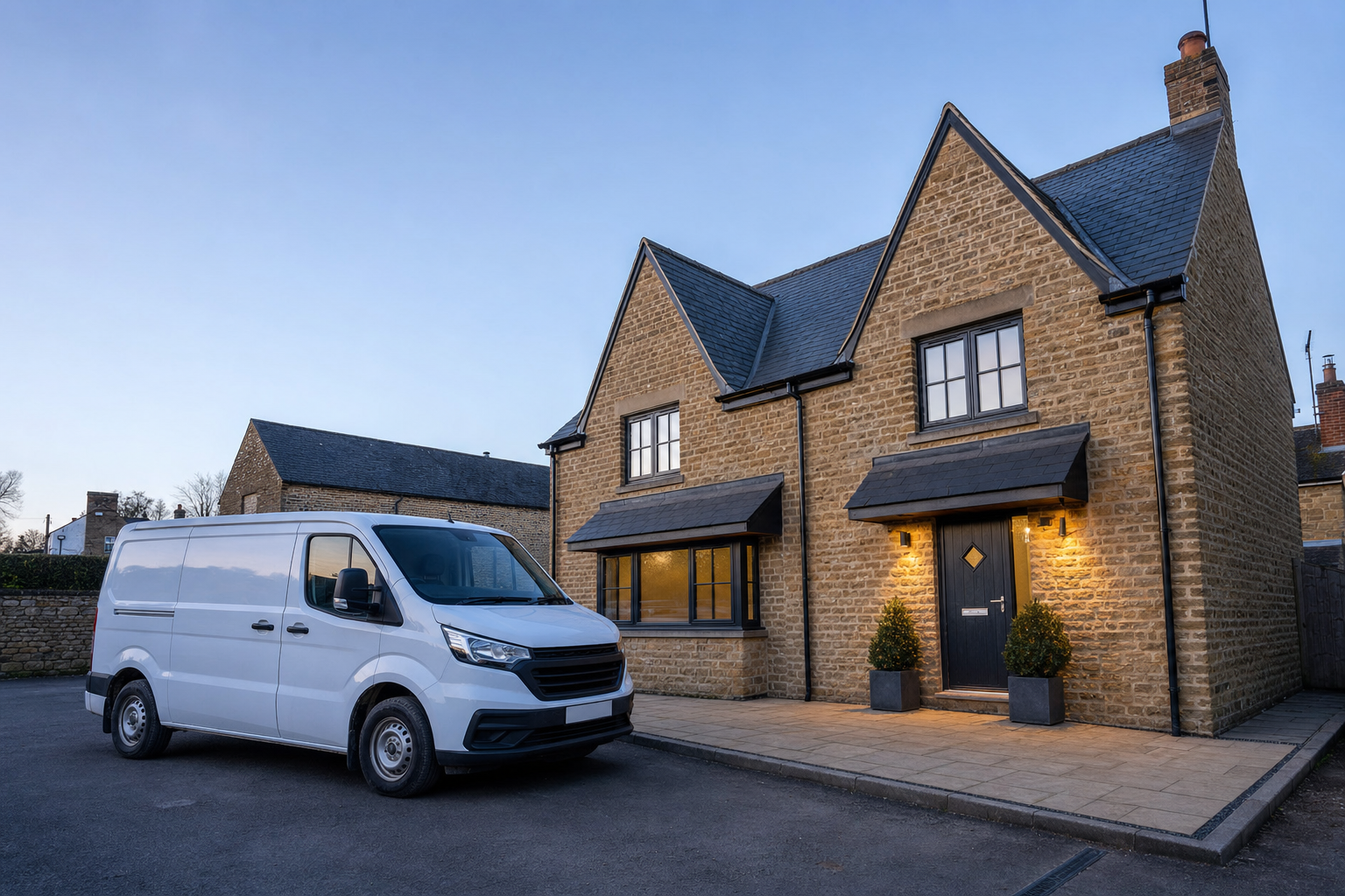 A white van parked in front of a modern stone house at dusk.