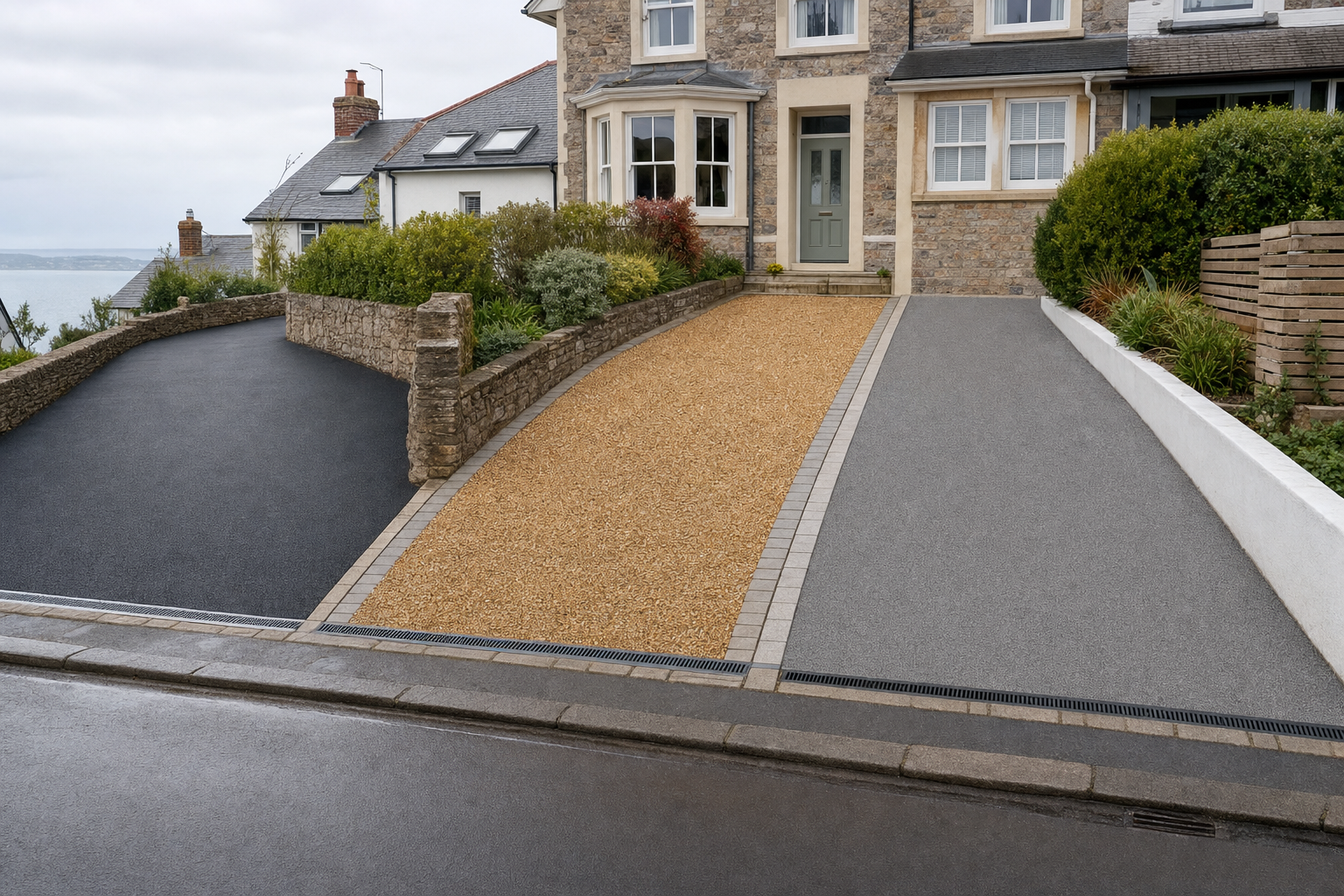 Three adjacent driveways with different materials leading up to stone houses.