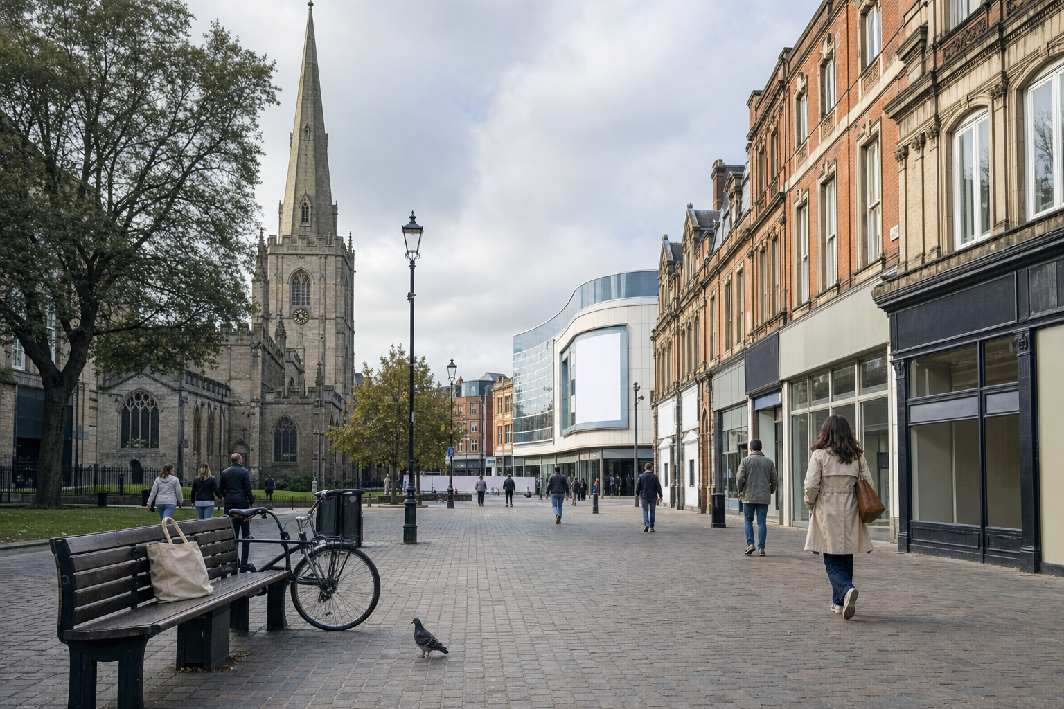 A pedestrian street with a historic church tower, modern buildings, and people walking.