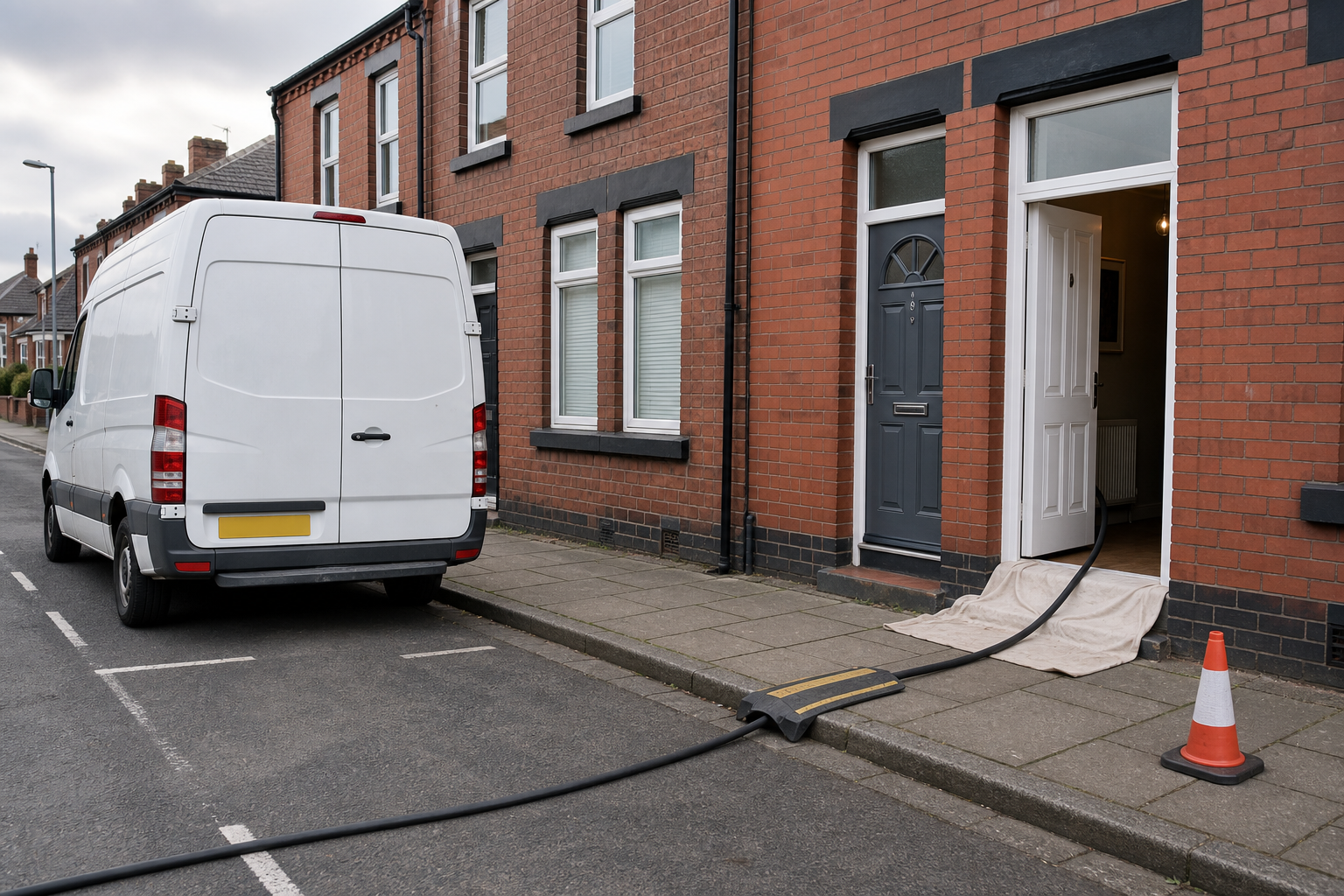 White van parked on street with a cable running into a brick house.