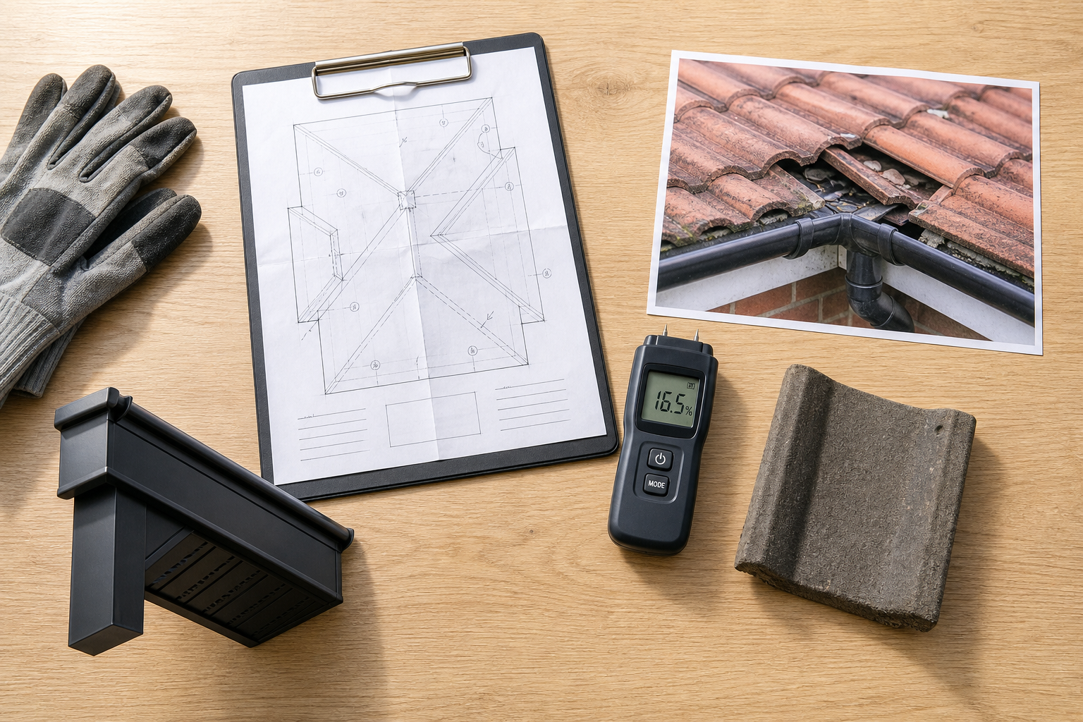 Roof gutter planning items on a wooden table, including blueprints, gloves, a moisture meter, tile, photo, and gutter piece.