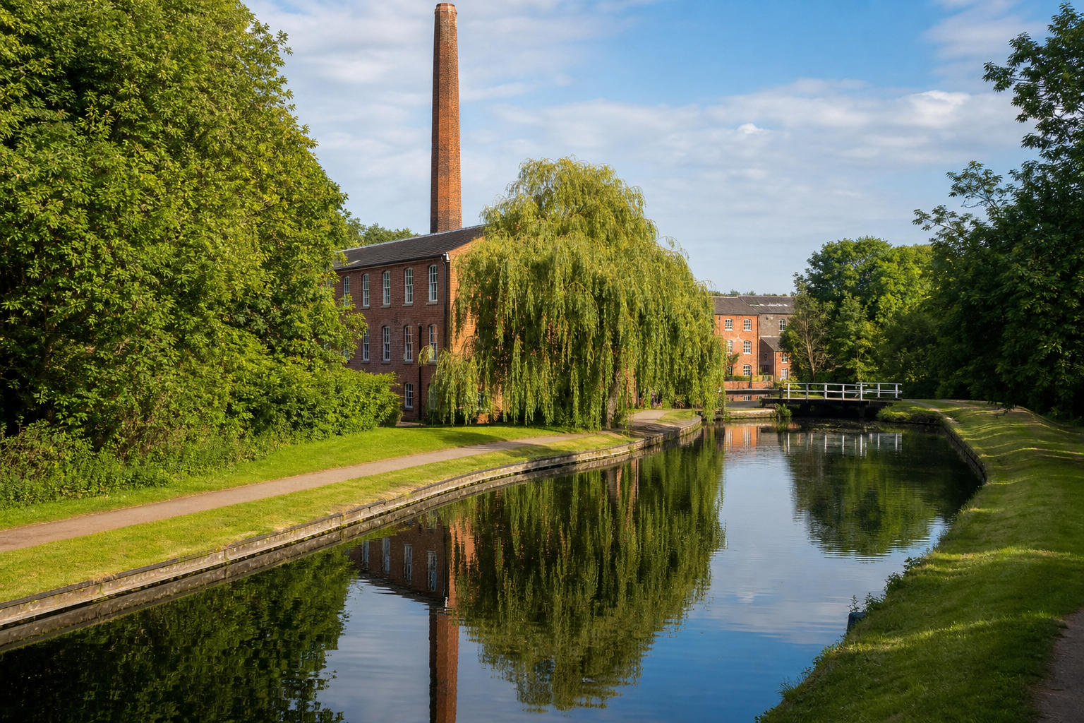 A brick mill with a tall chimney sits beside a tranquil canal surrounded by lush greenery and a blue sky.