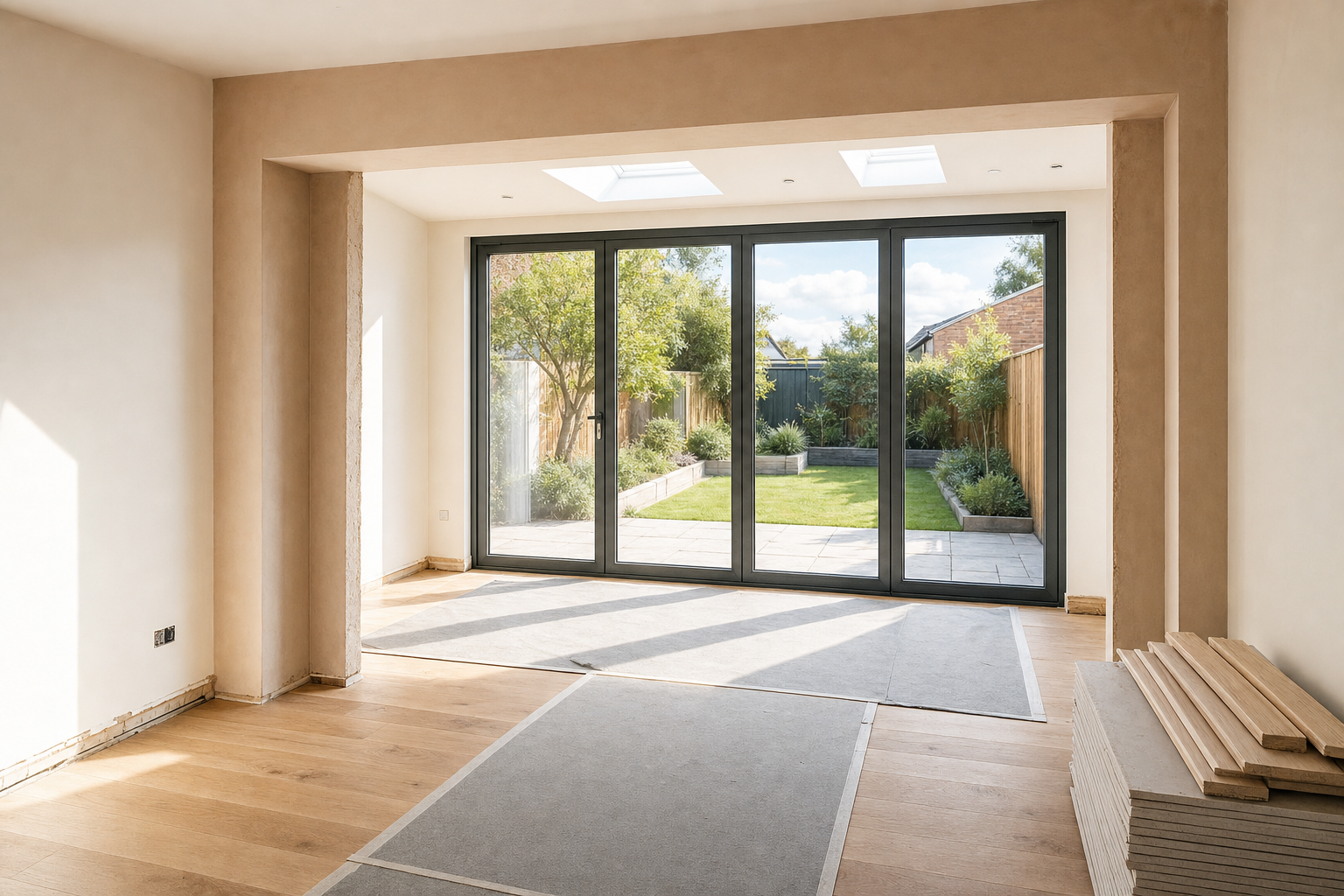 A spacious room with wooden flooring and large glass doors opening to a garden with lush greenery.