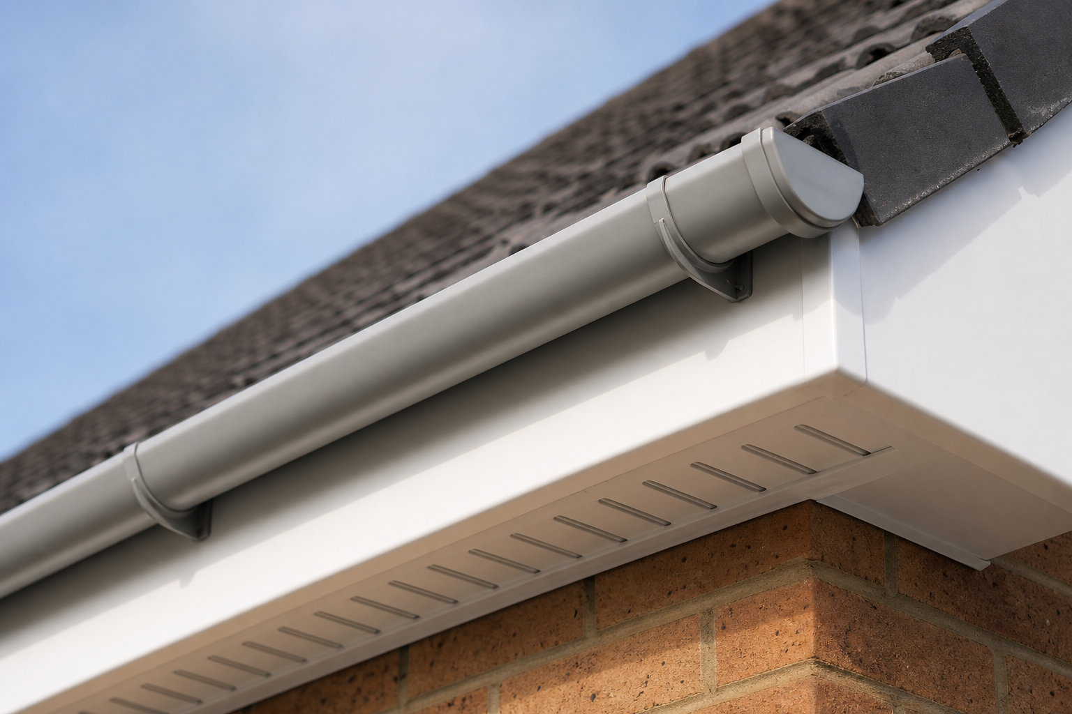 Grey guttering on a brick house under a clear blue sky.