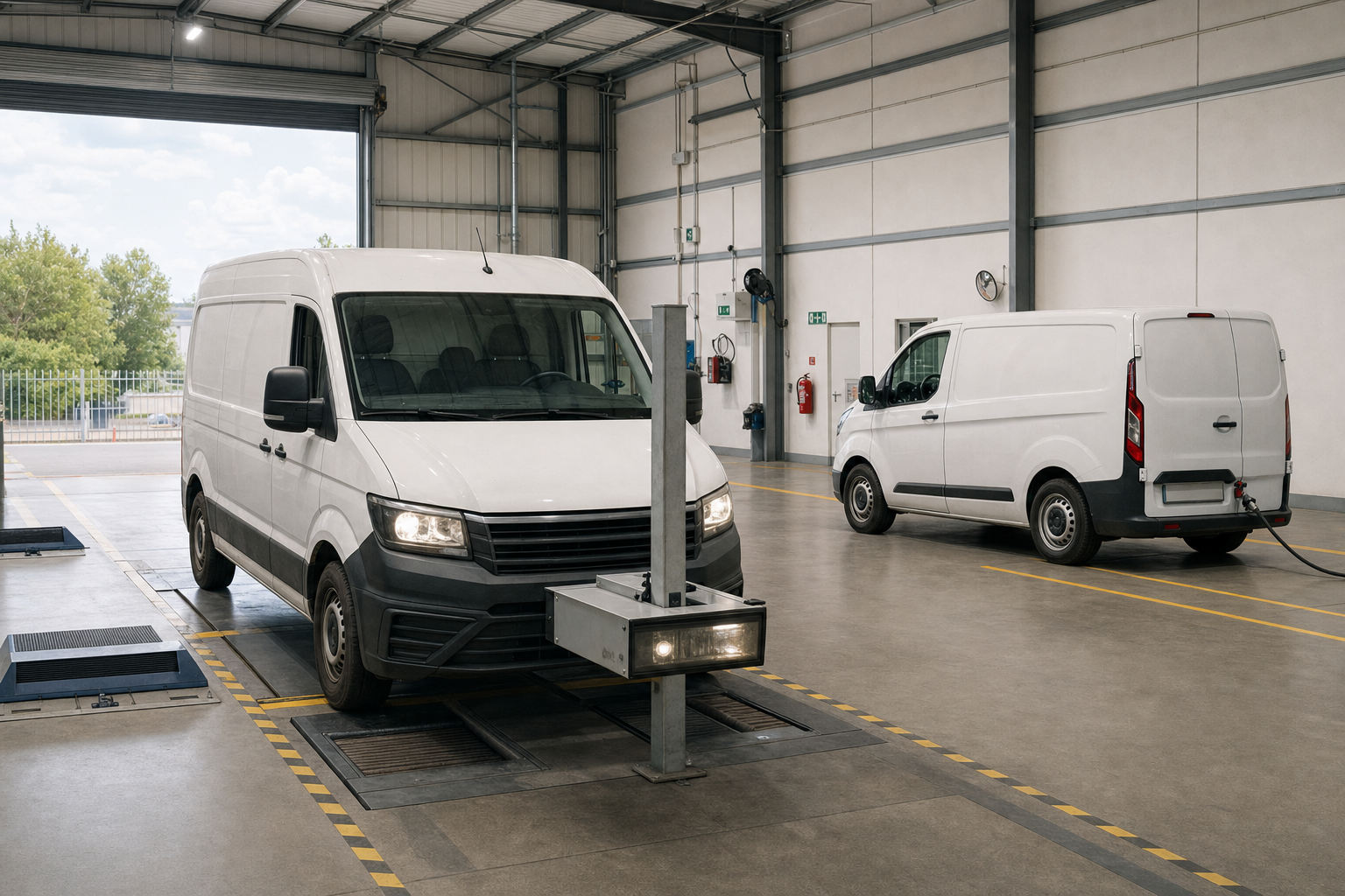 Two white vans undergoing inspection inside a spacious vehicle testing facility.
