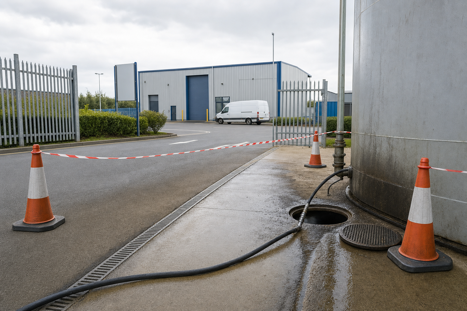 Traffic cones and tape cordon off an area with a large tank and hose near a warehouse.