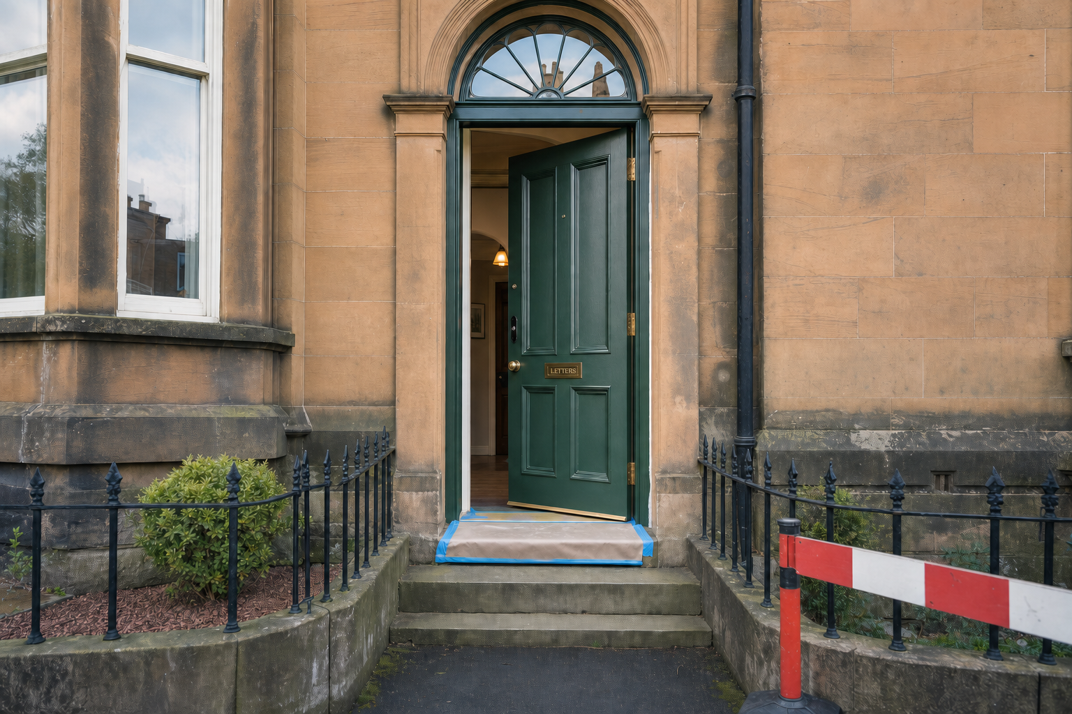 A green front door of a traditional building, slightly open, with steps and a decorative black metal railing.