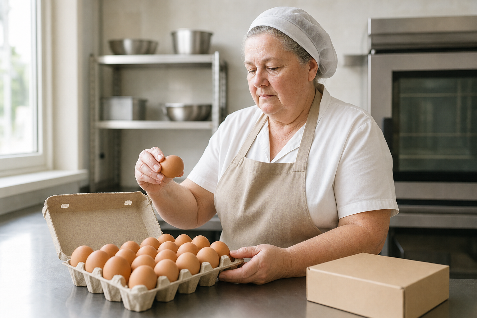 A woman in a kitchen carefully examines eggs from a carton.