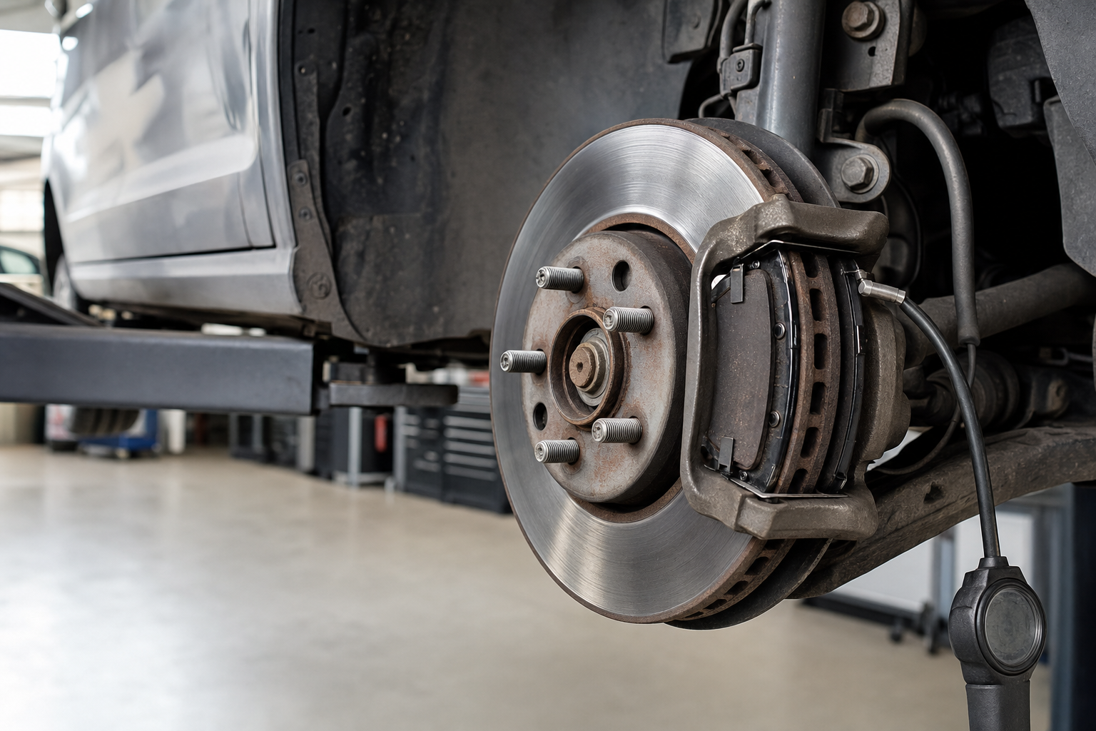 Car brake disc and calliper assembly exposed during maintenance in a garage.