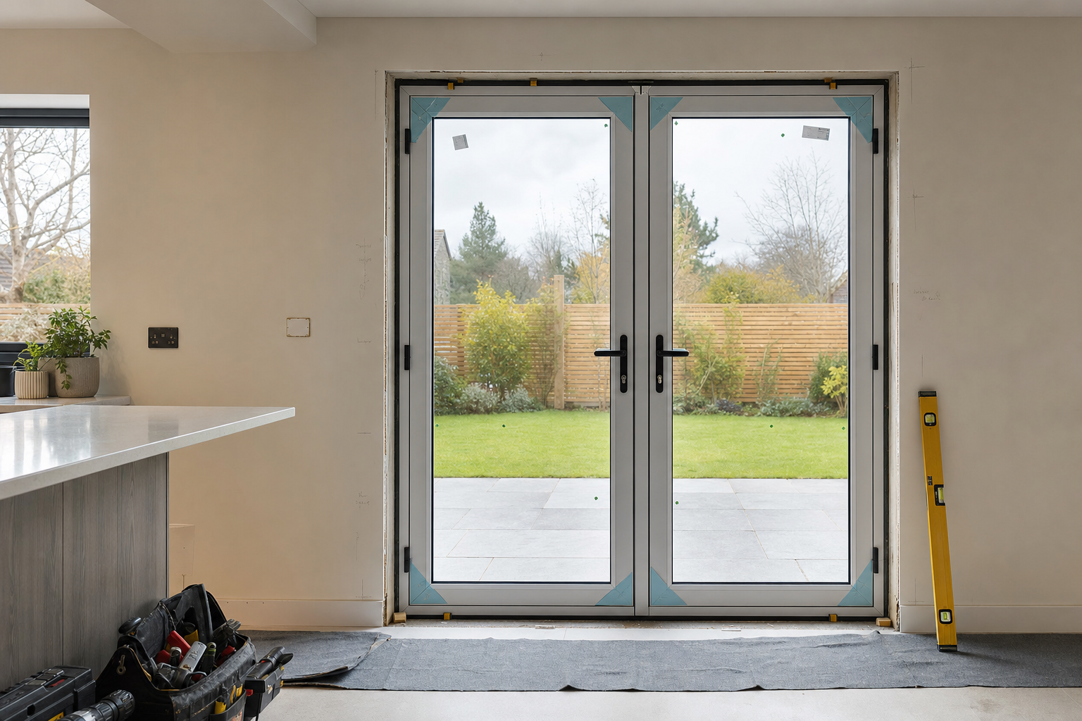 Newly installed French doors open onto a garden, with tools and a level leaning against the wall inside.
