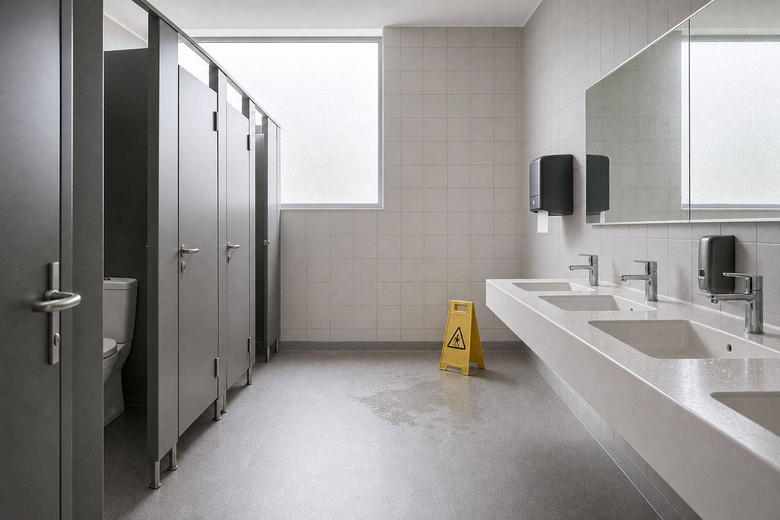 Clean public restroom with grey stalls, white sinks, and a yellow wet floor caution sign on a tiled floor.
