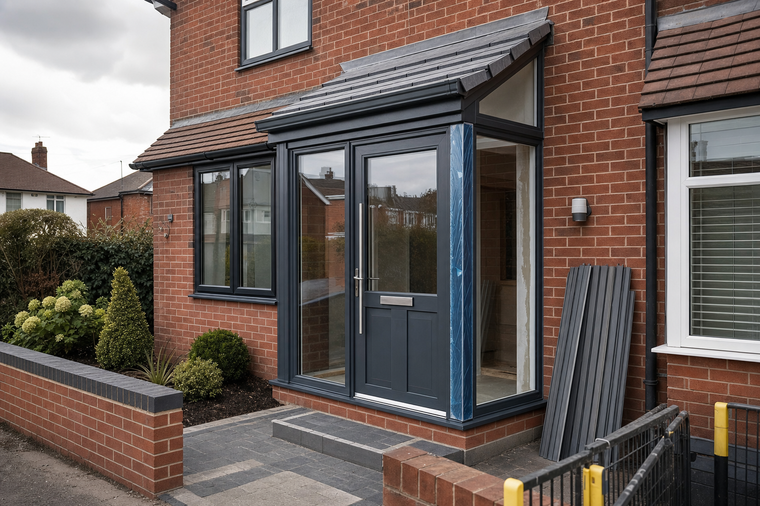Modern dark blue front porch addition with glass and a sleek design on a red brick house.