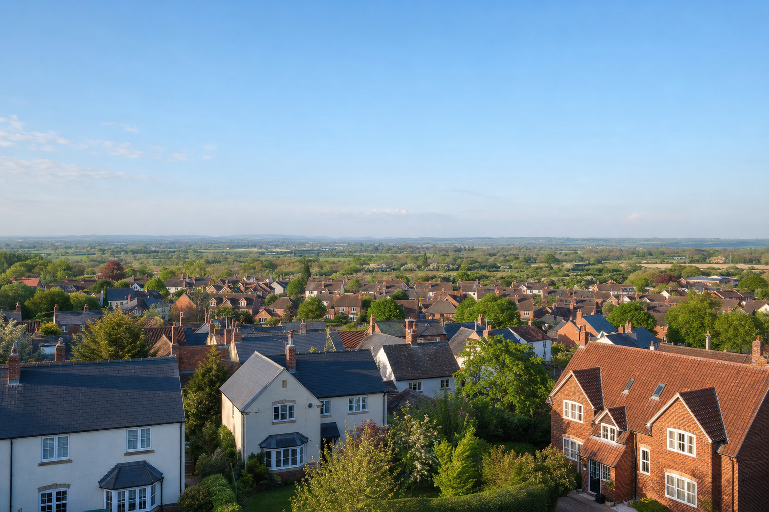Rural village scene with traditional houses surrounded by lush greenery under a clear blue sky.