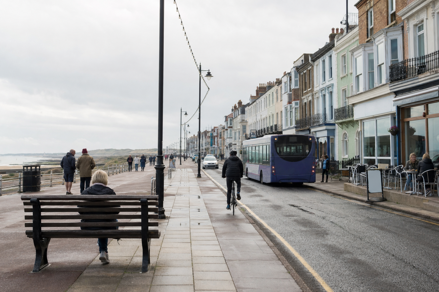 A seaside promenade with a cyclist, parked bus, and people walking along a row of colourful terraced houses.
