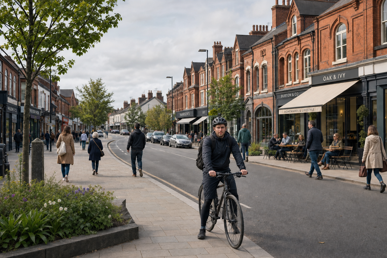 A cyclist rides down a tree-lined street with people walking and sitting outside brick shops and cafés.