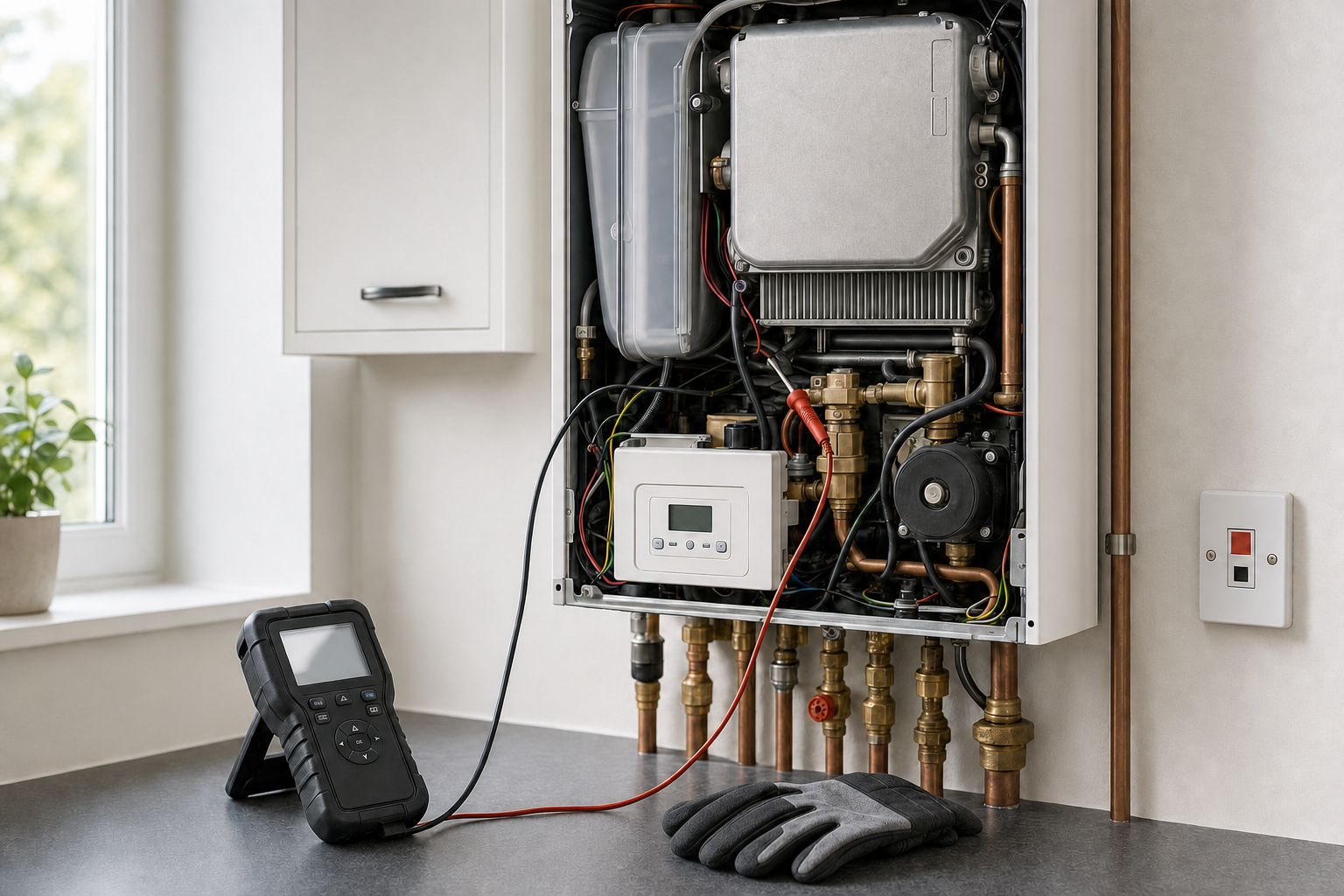 Gas boiler with exposed components on a kitchen wall, flanked by diagnostic equipment and protective gloves.