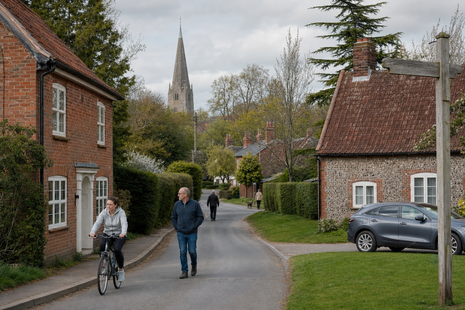 A cyclist and a pedestrian on a quaint village road with a church spire in the background.