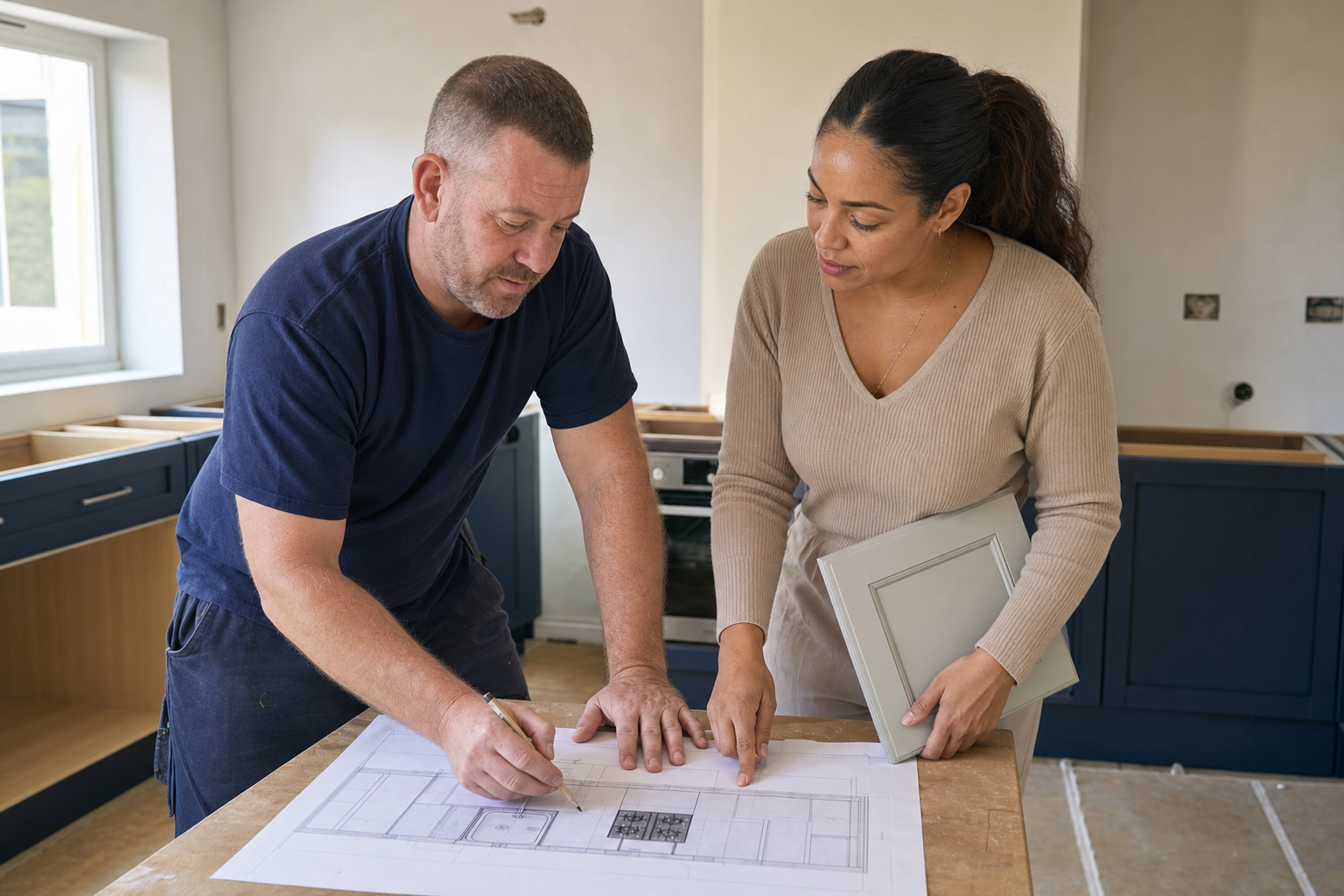 A man and woman discuss kitchen renovation plans on a table inside a partially completed kitchen.