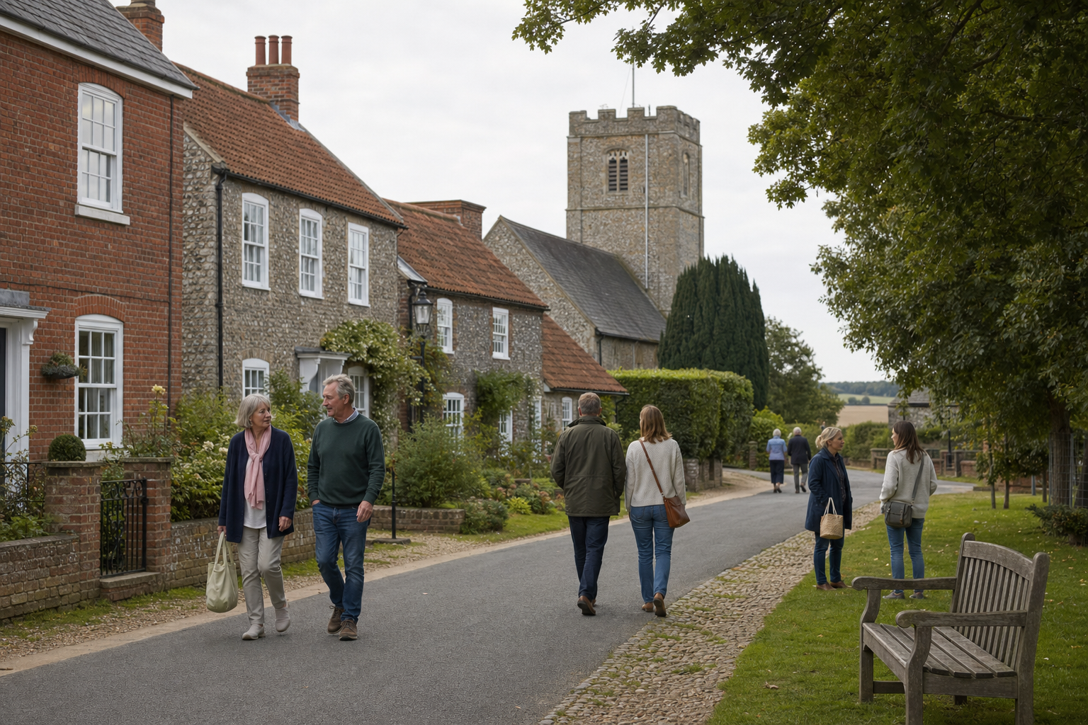 People strolling through a quaint English village with stone cottages and a tower in the background.