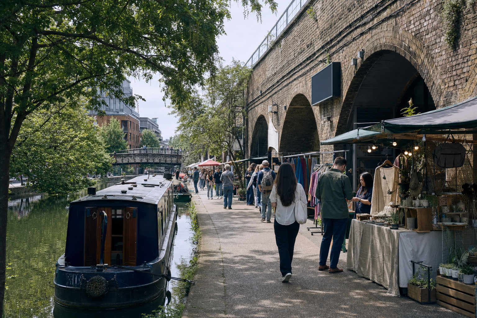 People browse stalls by a canal under railway arches in a bustling outdoor market.