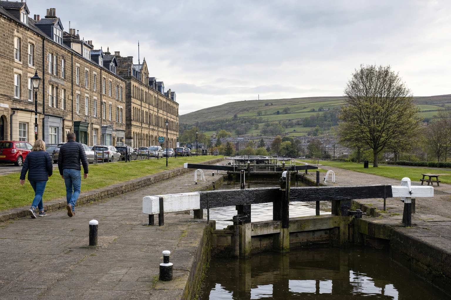 Two people walk along a canal lock with historic stone buildings and hills in the background.
