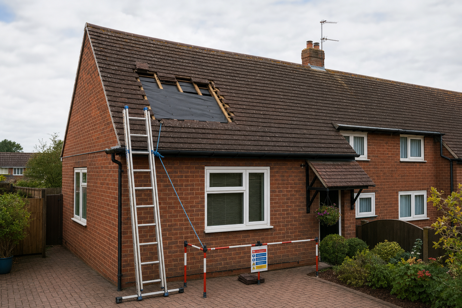 A brick house with a section of roof under repair, a ladder and safety barriers visible.