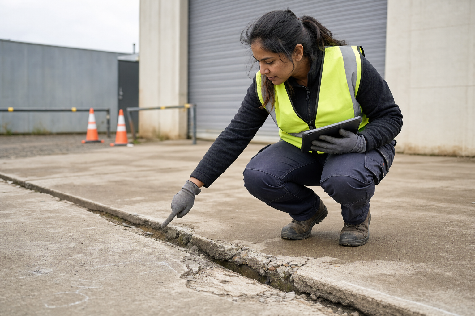 A woman in a high-vis vest kneels to inspect a crack in the concrete outside a building.