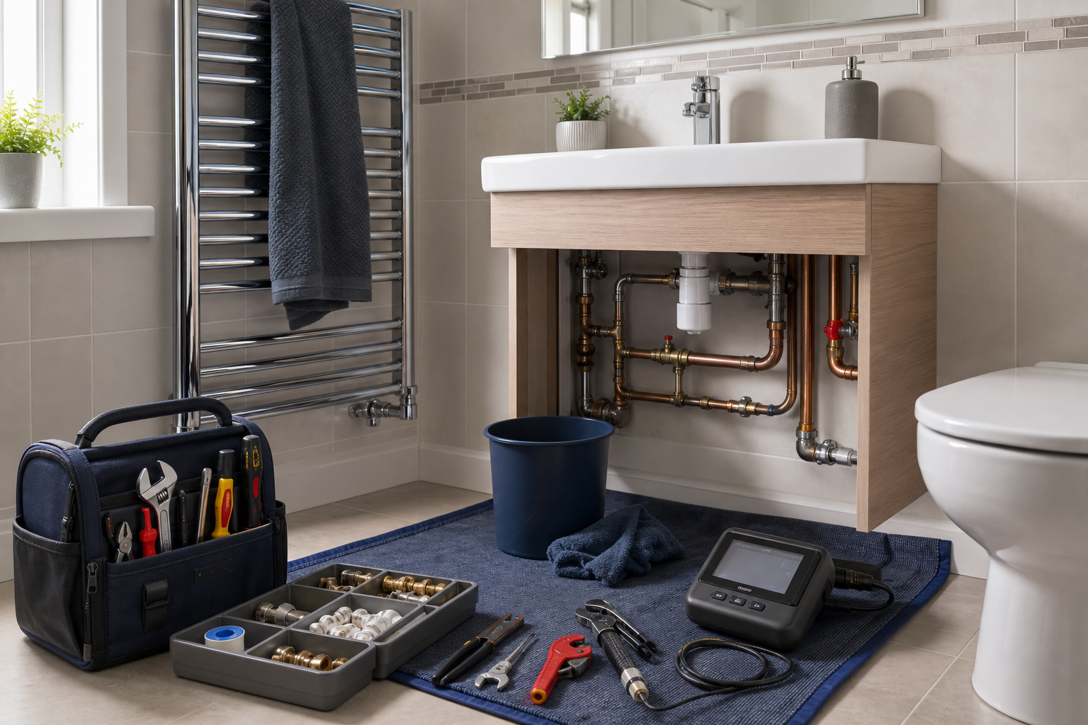 Bathroom repair scene with tools and plumbing supplies under a sink.