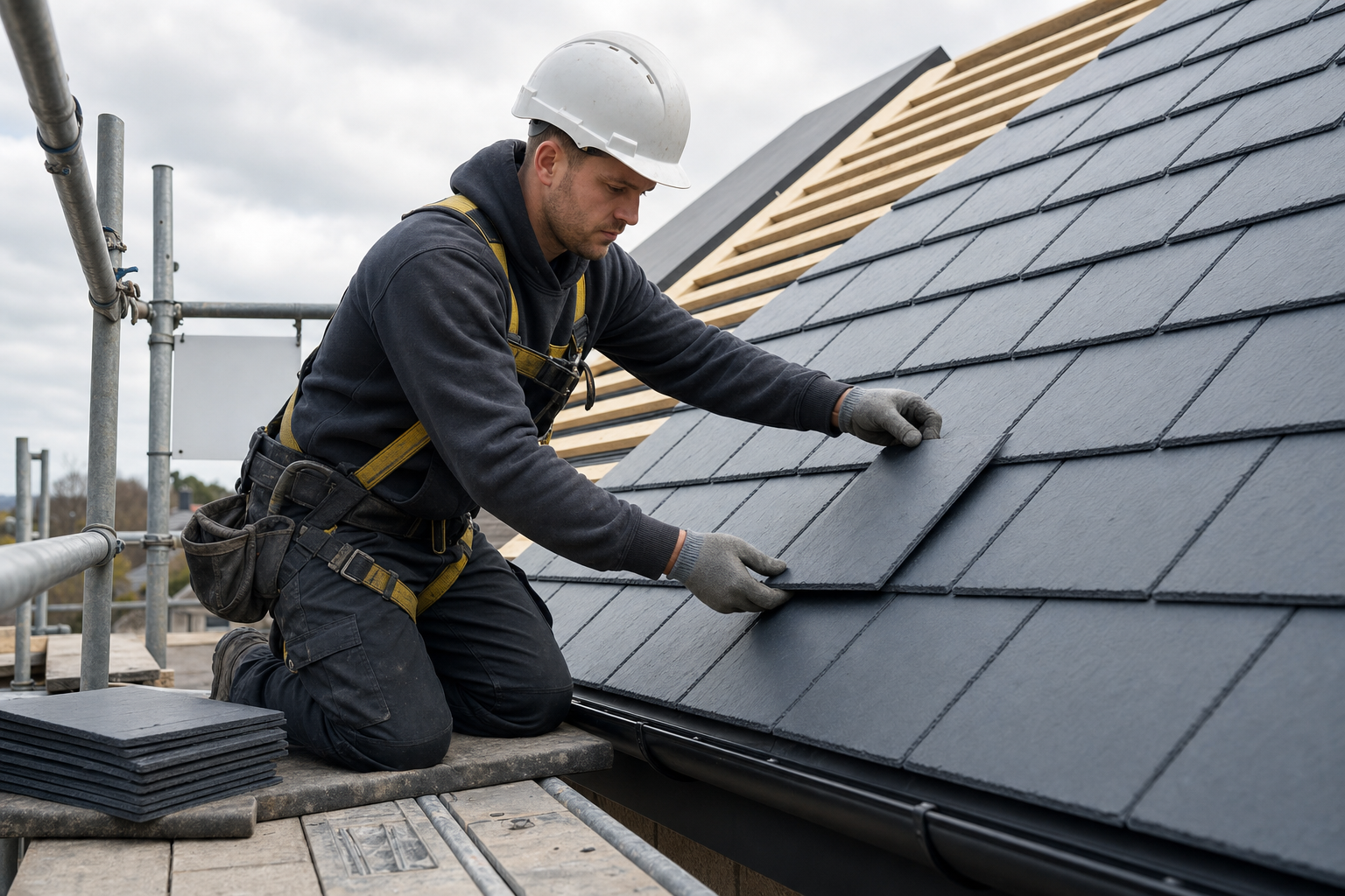 Roofer in a hard hat and harness installing slate tiles on a roof.