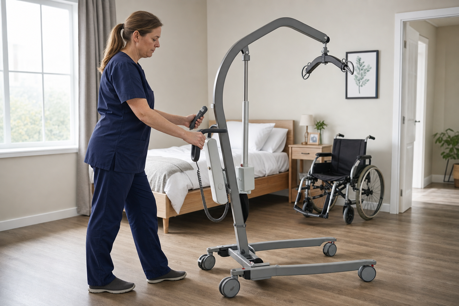 A healthcare worker operates a patient hoist in a bedroom next to a wheelchair.