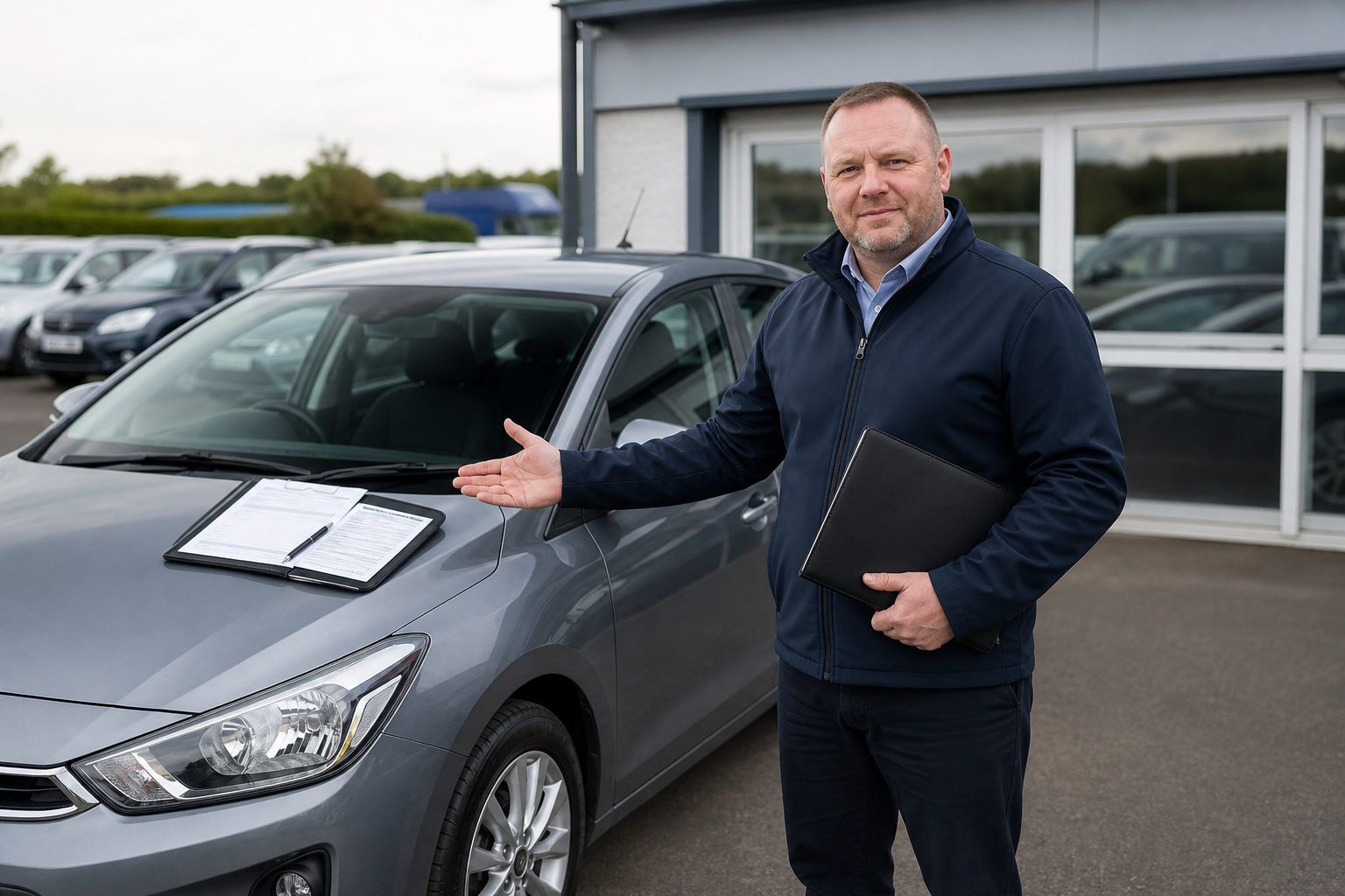 Man in jacket presenting a gray car with a clipboard on its hood at a dealership lot.