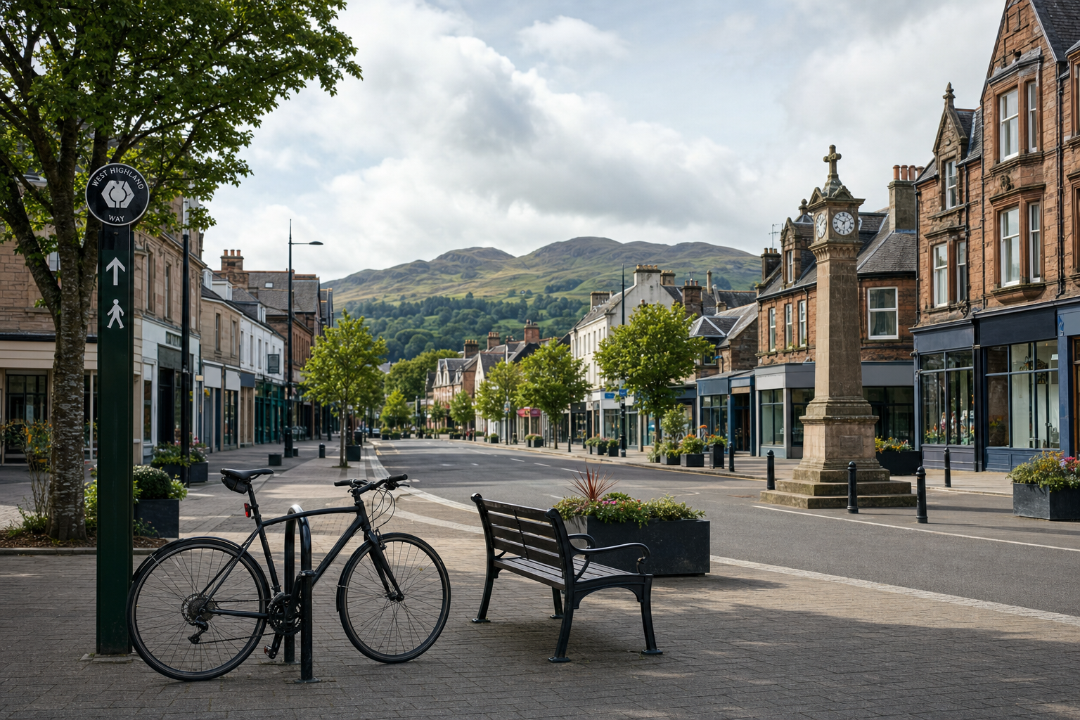 A quiet street with a bicycle, bench, and clock tower, flanked by trees and shops, with hills in the background.