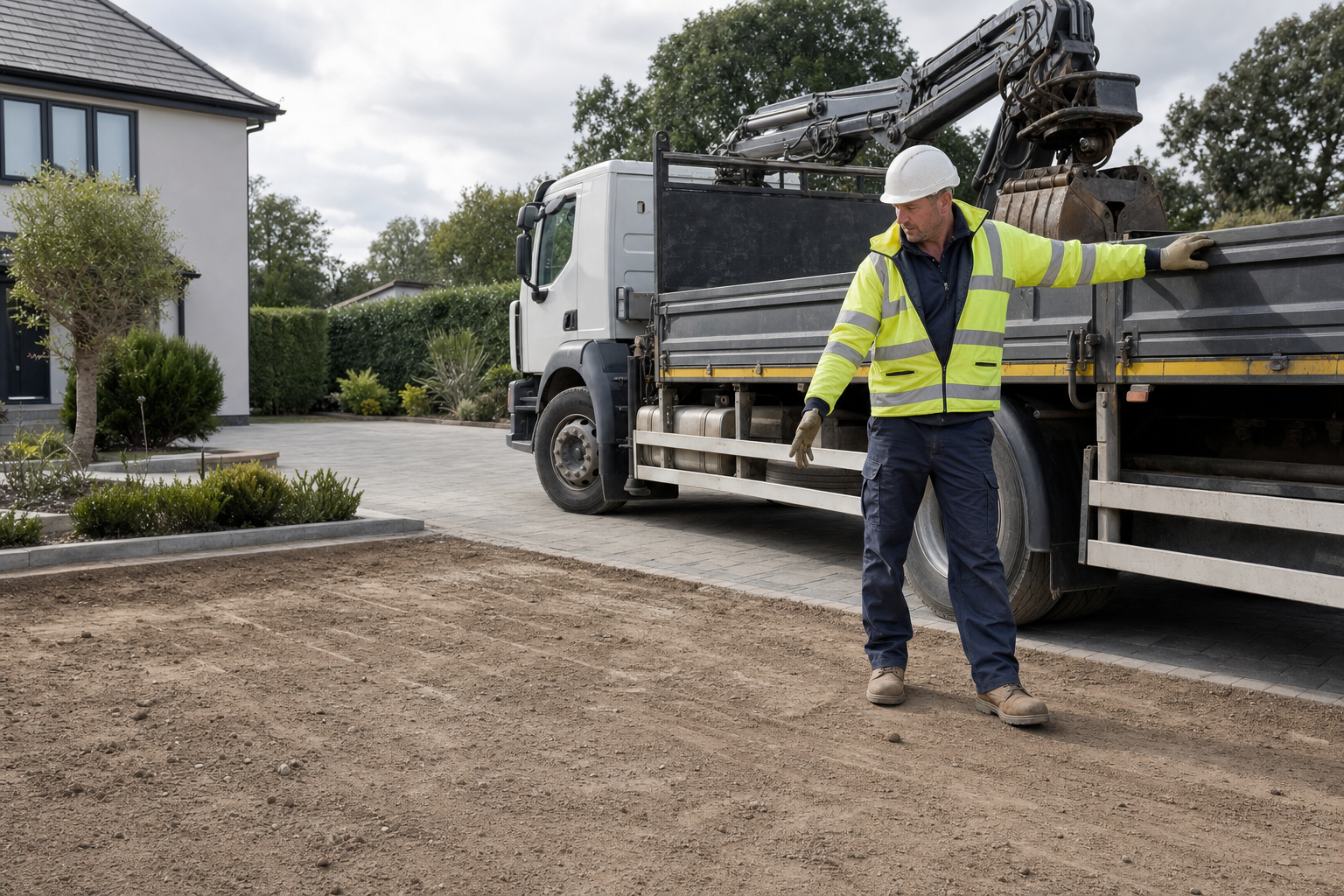 Construction worker in high-visibility gear stands by a parked lorry on a freshly dug ground next to a modern house.