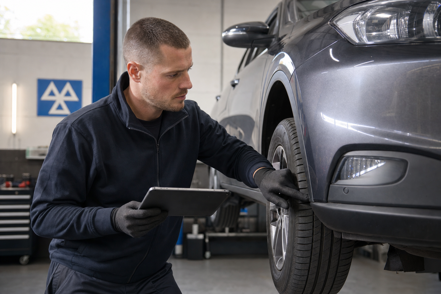 Mechanic inspecting a car's tyre with a tablet in a garage.
