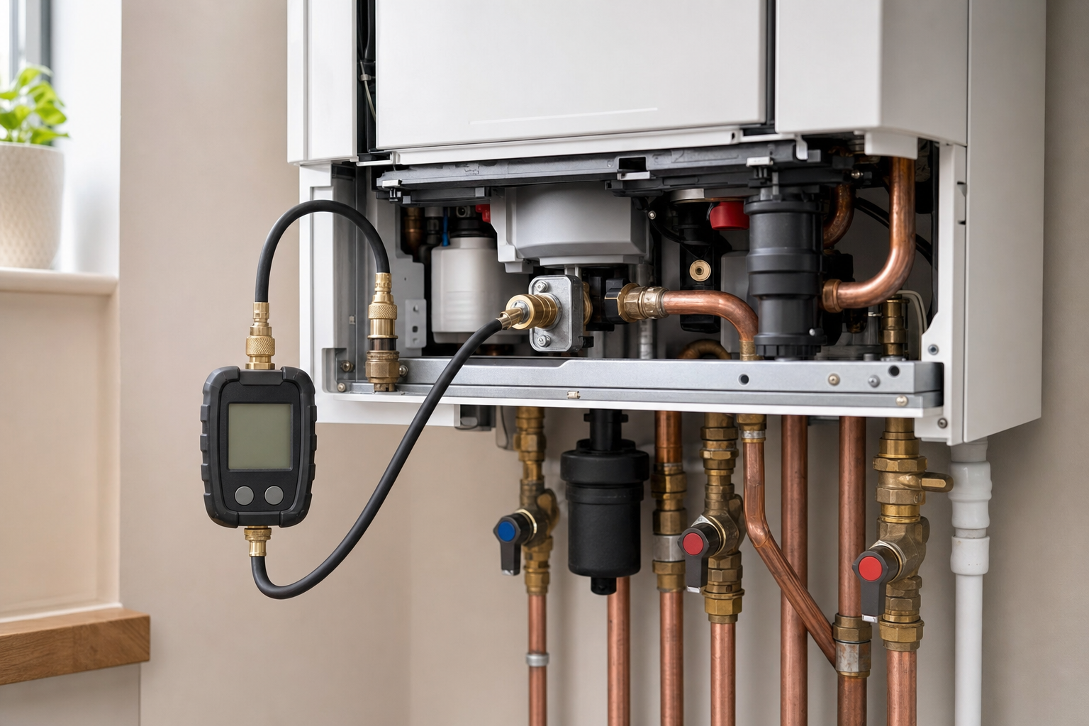 Open boiler system with visible copper pipes and a digital pressure gauge attached.