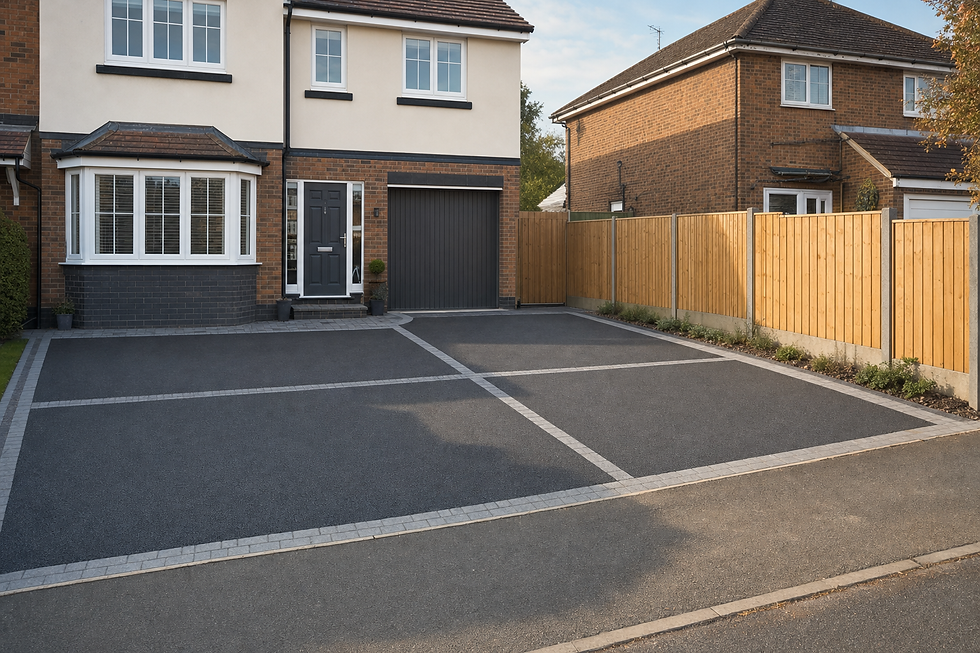 A modern semi-detached house with a paved driveway and wooden fencing.