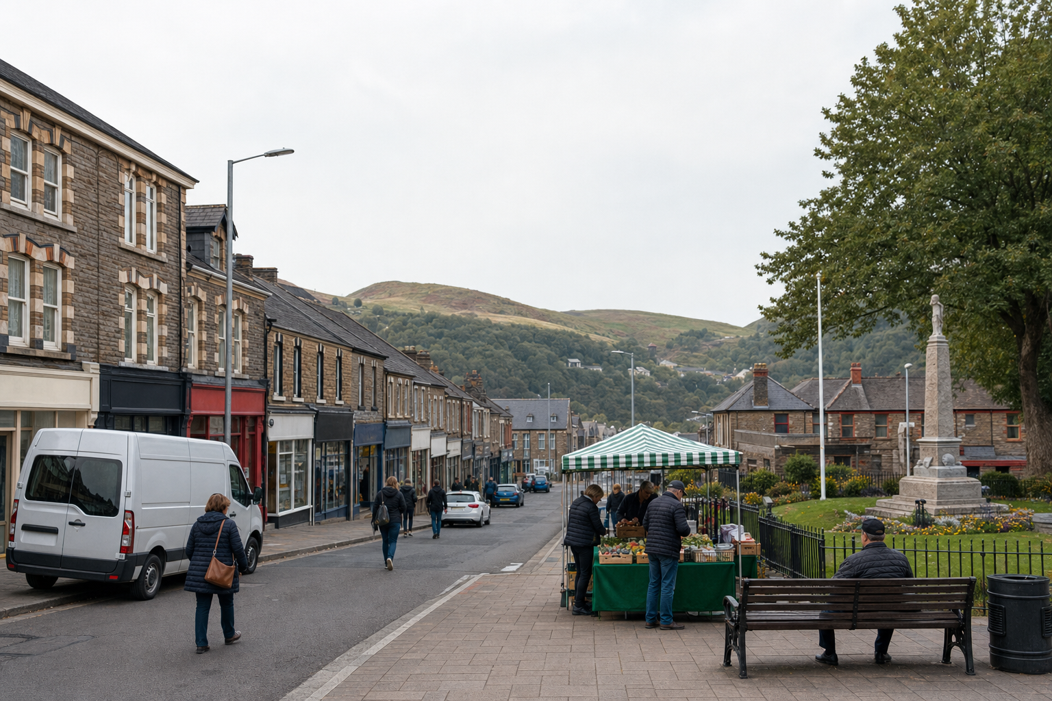 People browse a market stall on a small town street with hills in the background.