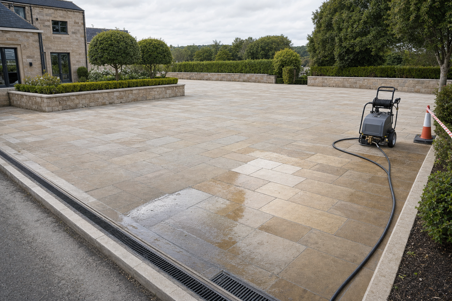 A large stone driveway next to a house, partially cleaned by a pressure washer with an orange cone nearby.