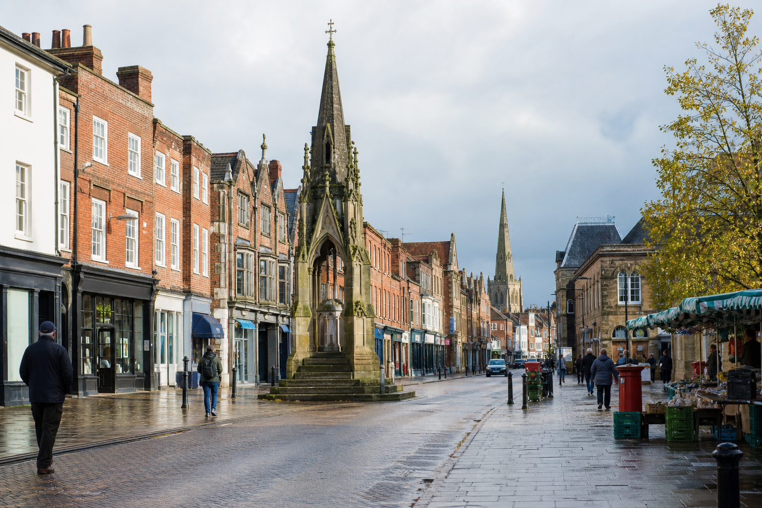 A historic town street with red brick buildings, a market, and a gothic monument under a cloudy sky.