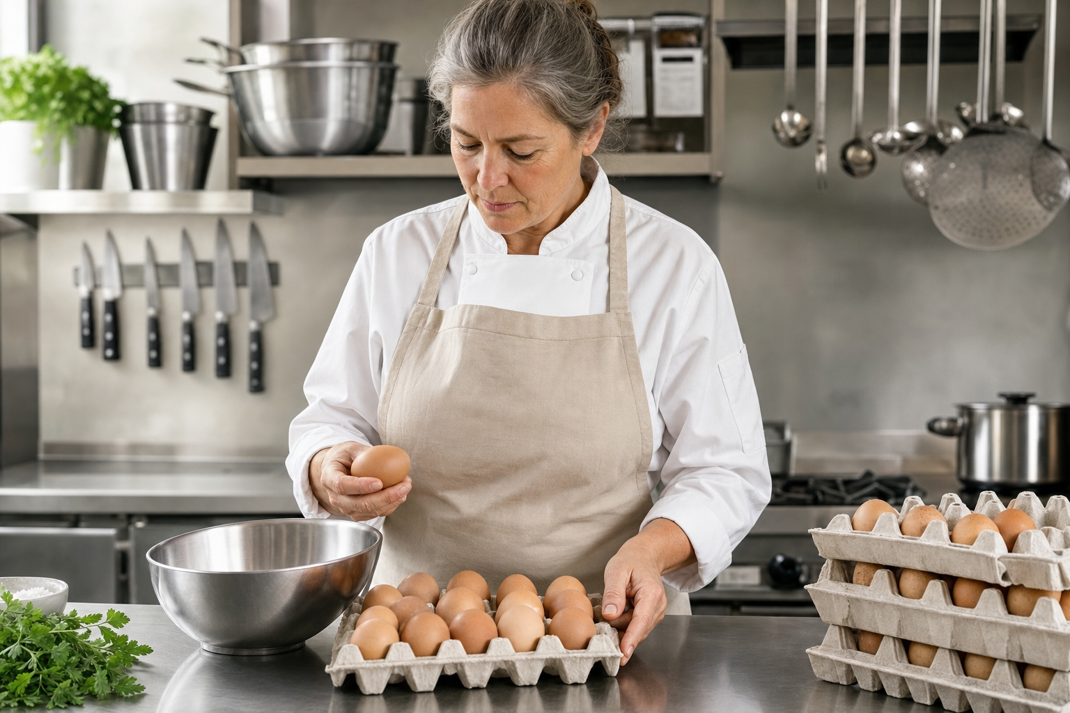 Chef in a professional kitchen holding an egg from a carton beside a mixing bowl and fresh herbs.
