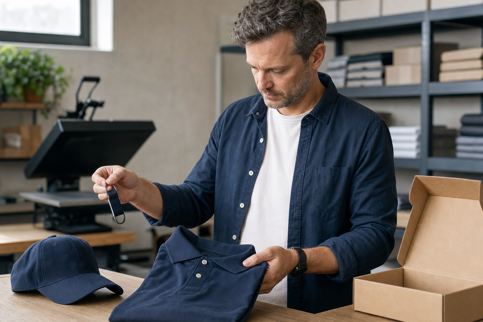 Man examining a folded navy shirt and a keyring, near a cap and an open cardboard box in a workshop.